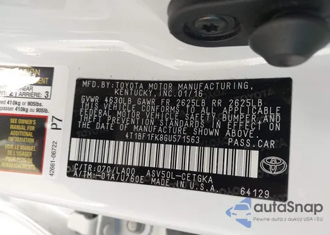 2016 Toyota Camry Xle from USA, damaged, VIN 4T1BF1FK8GU571563